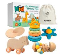 nivakid Jouets d'eveil Bebe 3-36 Mois, Idée Cadeau Bébé 1 an, Coffret Jouets Montessori Bebe Eveil 0-6 Mois, Hochets, Anneau de Dentition et Jouet Sensoriel Bebe à Roues, Jeux Ventouse Silicone