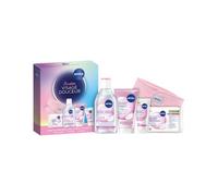 NIVEA Coffret Cadeau Routine Visage Douceur Peaux Sèches et Sensibles | Eau micellaire (400 ml), crème nettoyante (125 ml), soin de jour SPF 15 (50 ml), lingettes démaquillantes (x20)