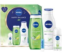 NIVEA Happy Balance Coffret cadeau avec produits de soin hydratants, coffret cadeau avec lotion de soin, douche de soin, déodorant roll-on et Labello