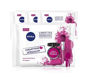 NIVEA Lingettes Démaquillantes Douceur 3-en-1 (4 x 25 ST), Démaquillant 3-en-1 peaux sèches et sensibles à l'huile d'amande douce, Nettoyant visage, yeux & lèvres