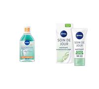 NIVEA Lot Derma Skin Clear : Eau Micellaire 400 ml + Soin de Jour Matifiant 50 ml - Démaquille & Réduit les Imperfections - Hydratation 24H, Matifie & Unifie le Teint - Peaux Mixtes à Imperfections