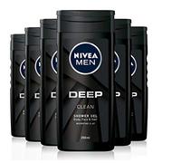 NIVEA MEN Lot de 6 gels douche profonds (6 x 250 ml), gel douche pour le visage, les cheveux et le corps, gel douche au charbon noir, nettoyant en profondeur et tonifiant 24h pour homme