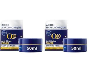NIVEA Q10 Power Soin de Nuit Raffermissant (1x50 ml), crème anti rides avec Q10 Pur & Acide Hyaluronique, soin anti-âge booster de collagène, crème hydratante visage tous types de peaux (Lot de 2)