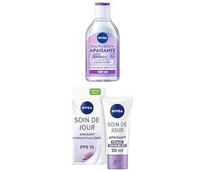NIVEA - Routine Soin Visage Apaisante - Eau Micellaire Nettoyante 400 ml & Soin De Jour Hydratant Vegan FPS15 50 ml - Nettoie, Démaquille, Hydrate, Apaise Et Protège - Pour Peaux Sensibles