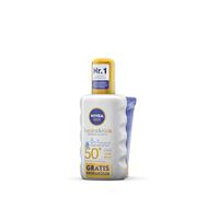 NIVEA SUN Babies & Kids Sensitiv Spray solaire SPF 50+ avec lotion de protection et soin à emporter, crème solaire extra imperméable pour enfants (200 ml + 50 ml)
