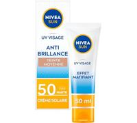 NIVEA SUN - Crème UV Visage Anti-Brillance Teintée FPS 50 - Protection UVA/UVB - Hydrate, Protège & Matifie - Antioxydant - Sans Silicone - Non Collant - Peaux Normales À Mixtes - Medium - 50 ml