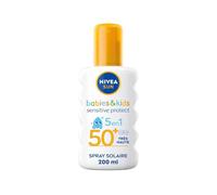 NIVEA SUN Kids Spray solaire Protect & Play Sensitive FPS 50+ (1x200 ml), protection anti UV sans parfum & ultra résistante à l’eau, écran solaire enrichi en aloe vera