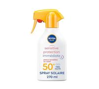 NIVEA SUN Spray solaire Sensitive Protection Immédiate Peaux Sensibles FPS 50+ (1 x 270 ml), Protection anti UV non grasse et sans parfum, Crème solaire résistante à l’eau