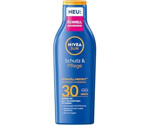 NIVEA SUN Protection & Soin Lotion solaire SPF 30, protection solaire imperméable à la vitamine C et à l'acide hyaluronique, à absorption rapide pour 48 h d'hydratation sans film blanc (200 ml)