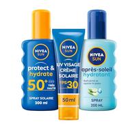 NIVEA SUN Routine haute protection solaire avec spray solaire Protect & Hydrate FPS 50+, Crème solaire UV VISAGE FPS 30 et après-soleil hydratant, Lot protection solaire pour tous types de peau