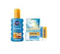 NIVEA SUN Spray protection solaire Protect & Bronze FPS 50 activateur de bronzage (1x200 ml) & LABELLO Sun Protect FPS30 & Hydro Care FPS15 (2x5,5 ml), baume à lèvres enrichis en vitamines C & E