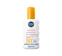 NIVEA SUN - Spray Solaire Sensitive Protection Immédiate FPS 50+ - Protège Des UVA/UVB & Irritations Du Soleil - Aloe Vera, Antioxydants - Formule Non Parfumée & Non Grasse - Peaux Sensibles - 200 ml