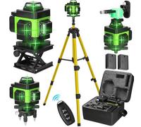 Niveau Laser 360 Autonivelant, Lazer Niveaux Vert 4 x 360°, Niveau laser 4D 16 lignes Auto-nivelant, Laser Chantier, IP54 Waterproof, avec 2 * 2600 mAh Batteries et Télécommande (avec Trépied)