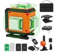 Niveau laser 4 x 360°,4D 16 Lignes Niveau Laser Vert Chantier,Autonivellement et Mode Pulsé,IP54,Horizontale/Verticale à 360°,Télécommande & Étui de Transport,Batterie Rechargeable 2 * 2400 mAh