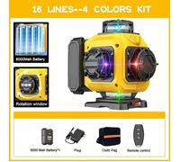 Niveau laser 4D 16 lignes avec télécommande, faisceau 4 couleurs, 360° horizontal et vertical, affichage de la puissance a batterie
