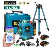 Niveau laser Gisam 16 lignes 4D 360° vertical et horizontal, faisceau vert super puissant professionnel pour batteries Makita 18V. 2 Battery