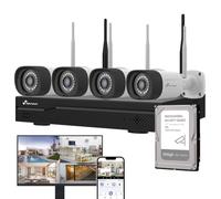 NIVIAN Kit de caméras de surveillance professionnelles WiFi SuperHD avec 4 caméras IP et enregistreur avec disque dur 500 Go 10 CH - pour maisons et affaires - Vision nocturne, détection humaine IA