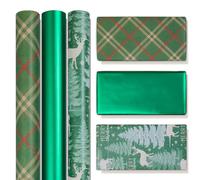 Niviy Rouleau Papier Cadeau Noel 43cm x 3m Papiers D'emballage Kraft 3 Rouleaux Papier Cadeau Vert Imprimé avec des Eléments de Noël pour Décoration de Noël et du Nouvel An