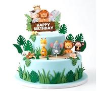 Nivofu Décoration Gâteau Animaux Jungle, Kit Cake Topper Safari avec Lion Éléphant Girafe Singe et Feuilles, Figurine Animaux pour Anniversaire Garçon Fille Baby Shower Baptême