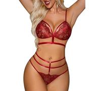 Niwicee Ensemble Lingerie Sexy Femme 2 Pièces Dentelle - Soutien Gorge Dos Nu & String Adjustable - Nuisette Transparent pour Femmes (Rouge, M)