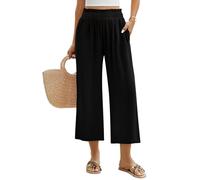 Niwicee Pantalon Fluide Femme D'Été Lin Pantalon Élastique à Taille Haute 7/8 Pantalon Coton Solide Couleur Pants Ample Casual Décontracté avec Poches (Noir, M)