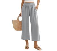Niwicee Pantalon Fluide Femme D'Été Lin Pantalon Élastique à Taille Haute 7/8 Pantalon Coton Solide Couleur Pants Ample Casual Décontracté avec Poches (Gris, M)