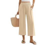Niwicee Pantalon Fluide Femme D'Été Lin Pantalon Élastique à Taille Haute 7/8 Pantalon Coton Solide Couleur Pants Ample Casual Décontracté avec Poches (Kaki, M)