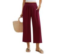 Niwicee Pantalon Fluide Femme D'Été Lin Pantalon Élastique à Taille Haute 7/8 Pantalon Coton Solide Couleur Pants Ample Casual Décontracté avec Poches (Rouge Violacé, M)