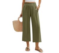 Niwicee Pantalon Fluide Femme D'Été Lin Pantalon Élastique à Taille Haute 7/8 Pantalon Coton Solide Couleur Pants Ample Casual Décontracté avec Poches (Vert, M)