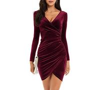Niwicee Robe De Chambre Femme Hiver Automne Col V Manches Long Sexy Noir/Rose Robe Velours Femme Robe De Noel Femme-Vin Rouge-L