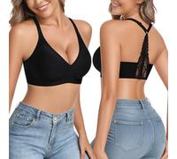 Niwicee Soutien Gorge Dos Nu Push Up Soutien Gorge sans Armatures DentelleRacerback Brassiere Sexy Deep V Bralette avec Coussinets (Noir,L)