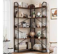 Niwugady Bibliothèque à 5 niveaux, étagère d'angle en bois avec cadre en métal, étagère ouverte en forme de L, étagère de rangement pour bureau, salon, chambre à coucher, marron vintage