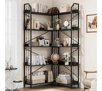 Niwugady Bibliothèque à 5 niveaux, étagère d'angle en bois avec cadre en métal, étagère ouverte en forme de L, étagère de rangement pour bureau, salon, chambre à coucher, noire