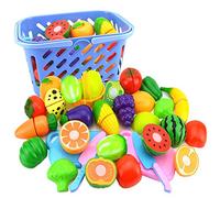 NIWWIN Set de Plats à Jouer pour Enfants, Légumes et Fruits Jouets coupés à Dessiner - Accessoires de Cuisine 23 pièces, avec Un Couteau et Un Beau Panier