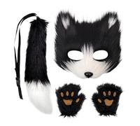 Nixiara Fox Face Cover Tail Set - Faux Plumes Soft Wolf Party Vêtements Cosplay - Protection de tête d'animal réaliste pour Halloween, fêtes costumées et cosplay