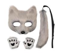 Nixiara Fox Face Cover Tail Set - Faux Plumes Soft Wolf Party Vêtements Cosplay - Protection de tête d'animal réaliste pour Halloween, fêtes costumées et cosplay