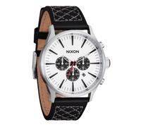 NIXON Sentry A1391-100m Chrono Leather Montre chronographe analogique résistante à l'eau pour homme (cadran de 42 mm, bracelet en cuir de 23 mm), Chrome/Nuage Sunray/Noir, One Size, Sentry Chrono Cuir