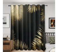 NIYAKA Rideau Occultant Thermique Feuille de Palmier, Rideau Occultant Noir et Or Tropical, Tenture Opaque à Oeillets Isolation Lumiere Salon Decoration Chambre, 117x137 cm (LxH)