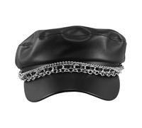 NIYANGLE Casquette Visière Courte et Dessus Plat Marine Noire en Cuir PU avec Double Chaîne Style Vintage Britannique, Respirante pour Femmes Voyages