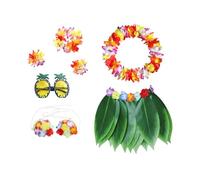 NIYANGLE Ensemble Jupe Hawaïenne Adulte Taille Unique Jupe à Feuilles Tissu Réaliste, Soutien Plastique, Lunettes Colorées et Accessoires 4 Pièces pour Fête Tropicale, Luau et Soirée