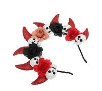 NIYANGLE Halloween Headband With Devil Horns And Skull Flower Decoration Lightweight Headpiece For Costume Parties And Day Of The Dead Celebrations Womens Halloween Hair Accessory