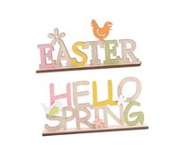NIYANGLE Lot de 2 Décorations de Pâques en Bois Coloré, Lettres «pâques» et «Bonjour Le Printemps», Accessoires Décoratifs pour Maison et Bureau, Décoration de Table Printemps,