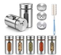 NIYATA Lot de 7 pots à épices en acier inoxydable avec insert à saupoudrer, ronds, 8 cm, en acier inoxydable et verre, 3 tailles d'épices, verrouillables en toute sécurité, avec brosse de nettoyage