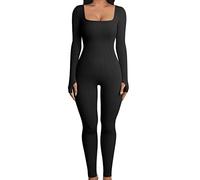 niyokki Combinaison d'entraînement une pièce pour femme, body d'entraînement à manches longues, barboteuse moulante sans couture côtelée pour le yoga, noir, Small
