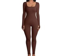 niyokki Combinaison d'entraînement une pièce pour femme, body d'entraînement à manches longues, barboteuse moulante sans couture côtelée pour le yoga, café, Small