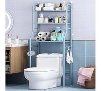 Nizer de toilette à 3 niveaux, rangement de salle de bain en métal peu encombrant avec porte-serviettes et crochets, facile à assembler, étagère de toilette bleue élégante pour la gestion de