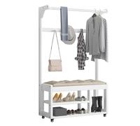 Nizer d'entrée 5 en 1 avec banc de rangement, étagère à chaussures, crochets et roues - Porte-manteau autoportant, assemblage facile, solution de rangement mobile pour chaussures pour maison, entrée