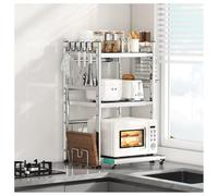 Nizer Grille de four à micro-ondes extensible et réglable avec roulettes 3 niveaux avec 5 crochets et panier à couteaux, argenté (L38,1 à 62 cm)