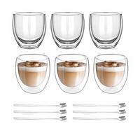 Nizirioo 6er Set Tasse a Café Double Paroi, Tasse Double Paroi Expresso Set, 80 ml Verres a Espresso a Double Paroi, Verre a Double, Paroi pour la Bièr, Verres a Expresso en Verre acve 6 Cuillères