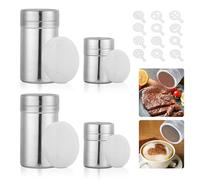 Nizirioo Lot de 4 Shaker À Poudre en Acier Inoxydable, Saupoudreuses en Acier Inoxydable avec 12 Pochoirs À Café, Shaker À Cacao, Shaker À Sucre en Poudre pour Café Farine Sel Poivre Dragées Poudres